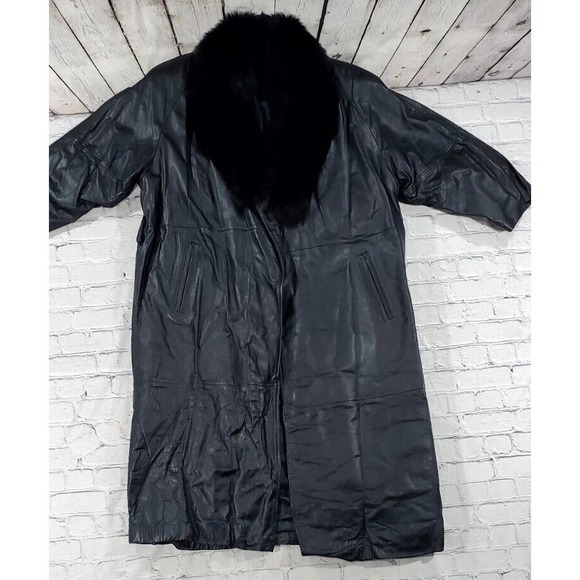 JACQUELINE FERRAR Genuine Leather Fox Fur Trench Coat Jacket Black WOMENS SIZE M